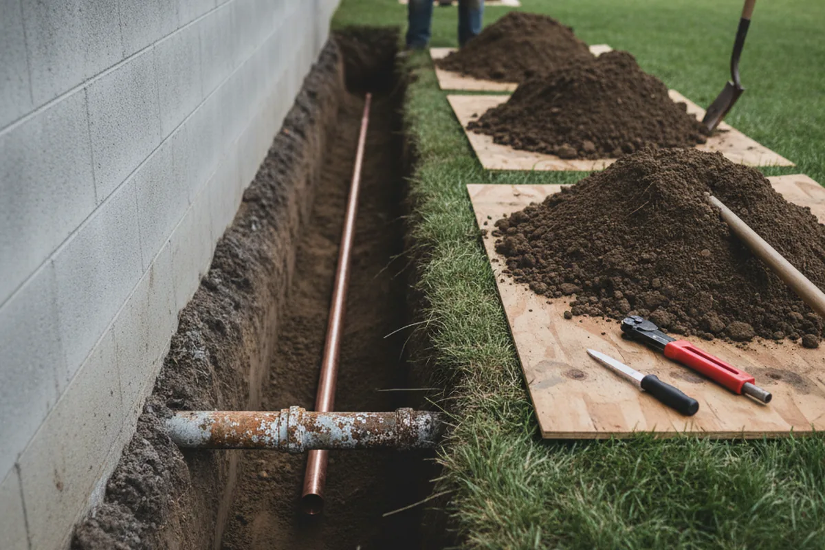 Excavated water line trench during Water Heater Repair in Yerkes